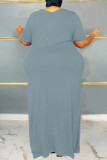 ブルー カジュアル ソリッド ベーシック Vネック 半袖ドレス プラスサイズドレス