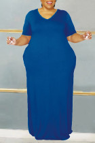 Vestido azul casual sólido básico com decote em V manga curta vestidos tamanho grande