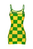 Green Sexy Casual Plaid Print Backless Spaghetti Strap Sleeveless Dress Dresses