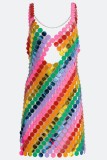 Kleur sexy patchwork uitgeholde backless spleet spaghettibandje mouwloze jurkjurken