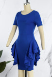 Синее элегантное однотонное платье-юбка-карандаш в стиле пэчворк с оборками и круглым вырезом (без пояса)