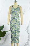 Армейский зеленый сексуальный повседневный камуфляжный принт Базовое платье без рукавов с круглым вырезом Платья