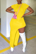 Желтое сексуальное однотонное лоскутное платье с разрезом, асимметричное платье с круглым вырезом, асимметричное платье