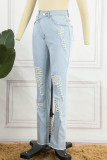 Blaue, lässige, feste, zerrissene Patchwork-Jeans mit hoher Taille und regulärer Denim