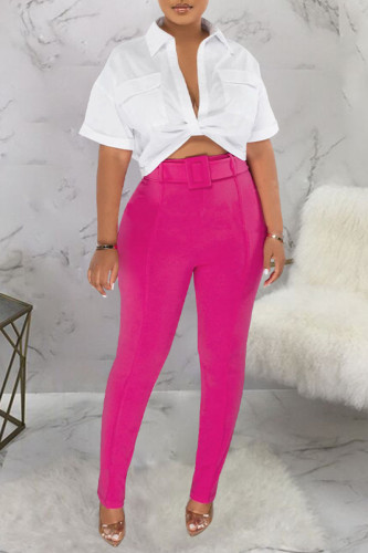 Rose Red Sexy Street Solid Patchwork With Belt Turndown Collar Short Sleeve Two Pieces