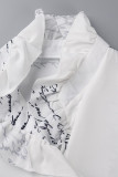 White Casual Print Patchwork Buckle Stringy Selvedge Collar Tops