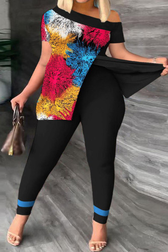 Colour Casual Print Patchwork Slit Oblique Collar Short Sleeve Two Pieces