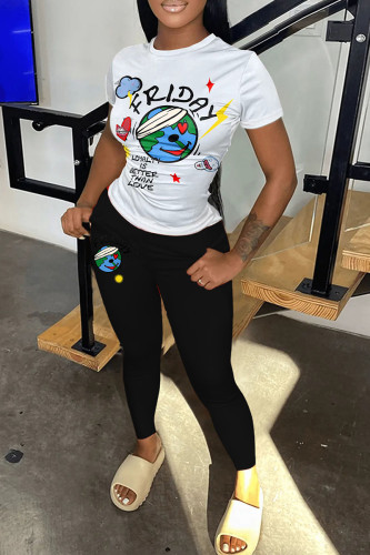 Black Casual Print Basic O Neck Short Sleeve Two Pieces