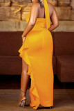 ゴールド セクシー ソリッド パッチワーク フラウンス 非対称 V ネック イブニングドレス ドレス