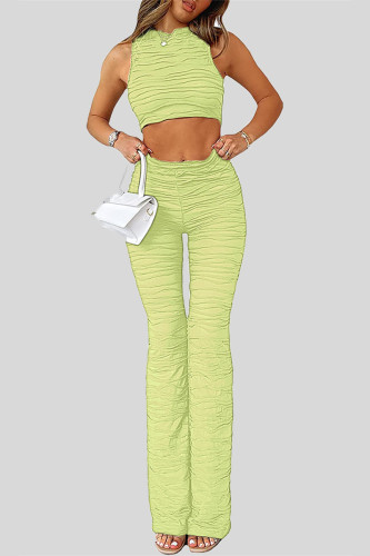 Green Yellow Casual Solid Patchwork See-through O Neck Sleeveless Two Pieces
