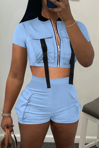 Sky Blue Casual Solid Patchwork Zipper Collar Short Sleeve Two Pieces