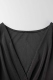 Vestidos de falda de un paso con cuello en V de patchwork sólido casual negro