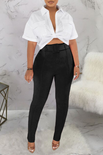 Black Sexy Street Solid Patchwork With Belt Turndown Collar Short Sleeve Two Pieces