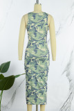 Red Sexy Casual Camouflage Print Basic O Neck Sleeveless Dress Dresses