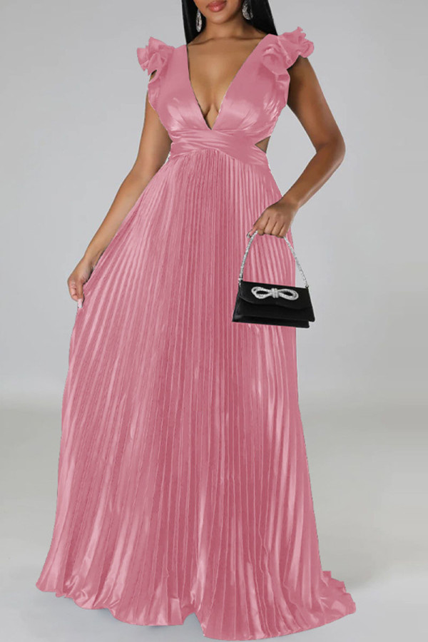 Roze sexy effen patchwork rugloze vouw V-hals rechte jurken