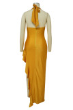 ゴールド セクシー ソリッド パッチワーク フラウンス 非対称 V ネック イブニングドレス ドレス