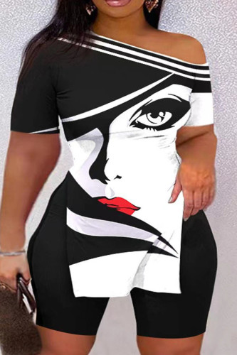 Black White Casual Print Patchwork Slit Oblique Collar Plus Size Two Pieces