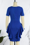 Vestidos de falda de lápiz con cuello redondo y volantes de retazos sólidos elegantes azules (sin cinturón)