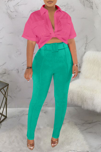 Green Sexy Street Solid Patchwork With Belt Turndown Collar Short Sleeve Two Pieces