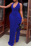 カラフルなブルーのセクシーな固体パッチワーク フラウンス非対称 V ネック イブニング ドレス ドレス