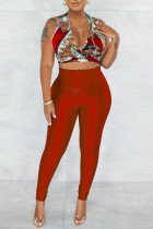 Rojo sexy estampado vendaje patchwork cuello en V sin mangas dos piezas
