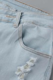 Blue Casual Solid Ripped Patchwork High Waist Regular Denim Jeans