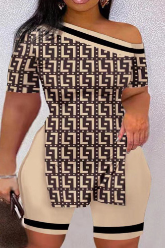 Khaki Casual Print Patchwork Slit Oblique Collar Plus Size Two Pieces