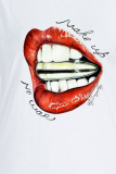 Weiße Straßen-Weinlese-Lippen bedruckte Patchwork-T-Shirts mit O-Ausschnitt