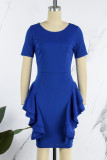 Синее элегантное однотонное платье-юбка-карандаш в стиле пэчворк с оборками и круглым вырезом (без пояса)