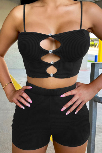 Black Sexy Solid Hollowed Out Patchwork Rhinestone Spaghetti Strap Sleeveless Two Pieces