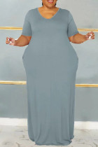 Vestido cinza casual sólido básico com decote em V manga curta vestidos tamanho grande