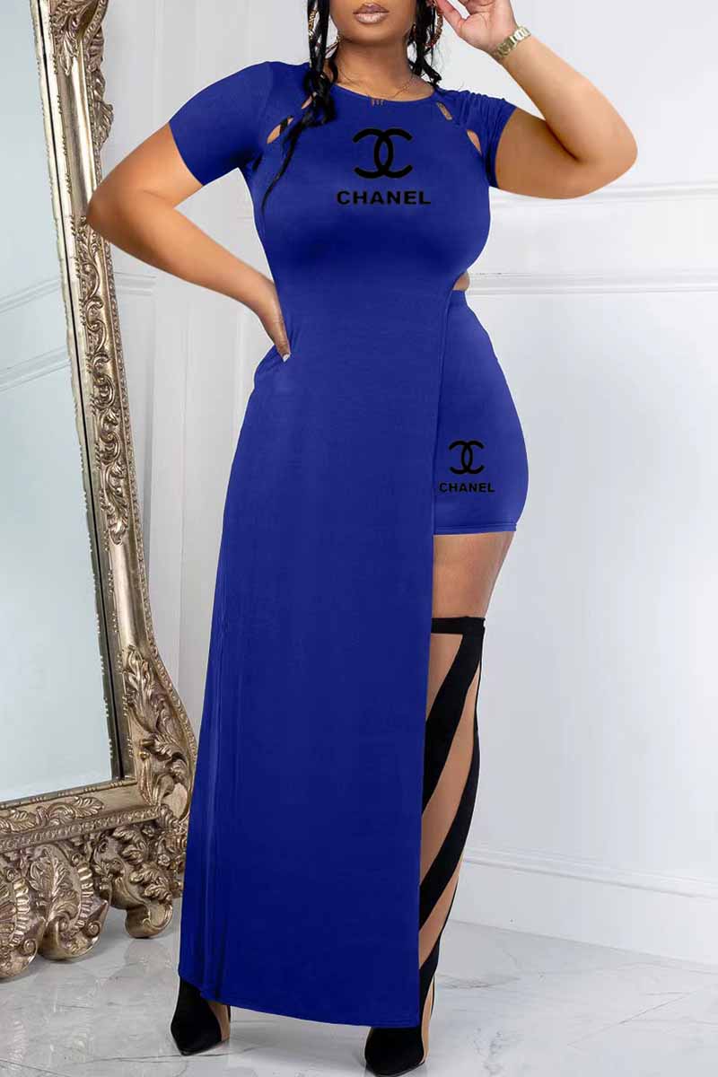 

Blue Sexy Print Letter O Neck Short Sleeve Two Pieces