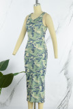 Army Green Sexy Casual Camouflage Print Basic O-Ausschnitt ärmellose Kleider
