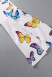 Abiti taglie forti a maniche lunghe con scollo a V di base con stampa a farfalla casual bianca