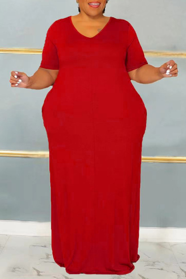 Rotes, lässiges, solides Basic-Kleid mit V-Ausschnitt und kurzen Ärmeln Kleider in Übergröße