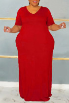 Vestido vermelho casual sólido básico com decote em V manga curta vestidos tamanho grande