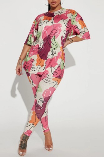 Pink Casual Print Basic O Neck Half Sleeve Two Pieces