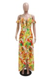 Yellow Sexy Casual Print Backless Asymmetrical V Neck One Step Skirt Dresses