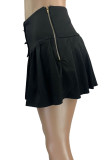 Black Casual Solid Patchwork Fold High Waist Type A Solid Color Bottoms