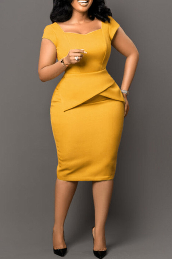 Gele casual effen patchwork jurk met vierkante kraag en korte mouwen