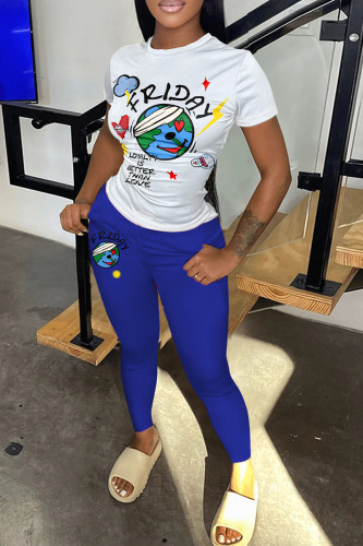 Blue Casual Print Basic O Neck Short Sleeve Two Pieces