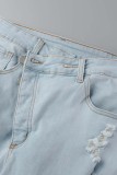 Blue Casual Solid Patchwork High Waist Regular Distressed Ripped Denim Jeans