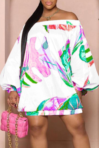 White Casual Street Print Patchwork Off the Shoulder Lantern Skirt Dresses