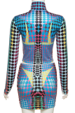 Blue Sexy Print Patchwork Zipper Collar Long Sleeve Two Pieces