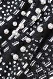 Negro Sexy Patchwork Perforación en caliente Transparente Medio cuello alto Vestidos de manga larga