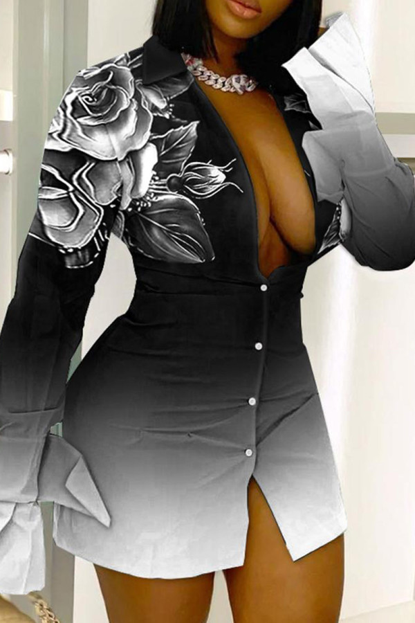 ブラック カジュアル プリント パッチワーク ターンダウン カラー シャツドレス ドレス