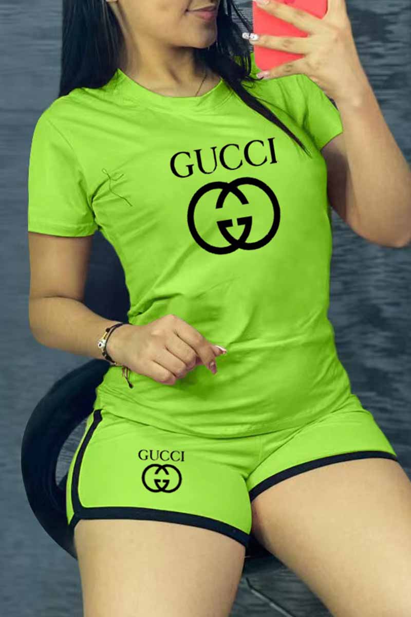 

Fluorescent Green Casual Print Letter O Neck Short Sleeve Two Pieces