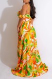 Yellow Sexy Casual Print Backless Asymmetrical V Neck One Step Skirt Dresses