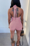 Розовый сексуальный однотонный узкий комбинезон с лямкой на бретельках в стиле пэчворк