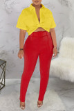 Red Sexy Street Solid Patchwork With Belt Turndown Collar Short Sleeve Two Pieces